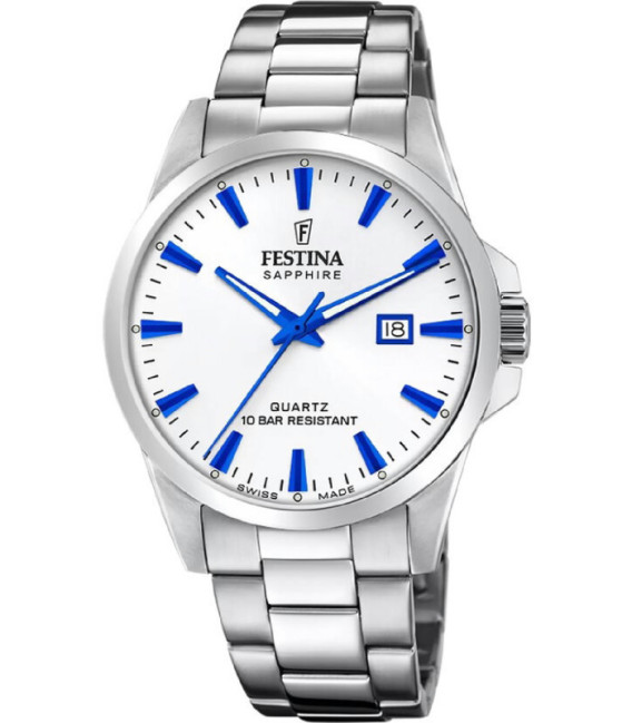 Reloj Hombre Acero Esfera Blanca indices Azules FESTINA SWISS MADE - F20024/5