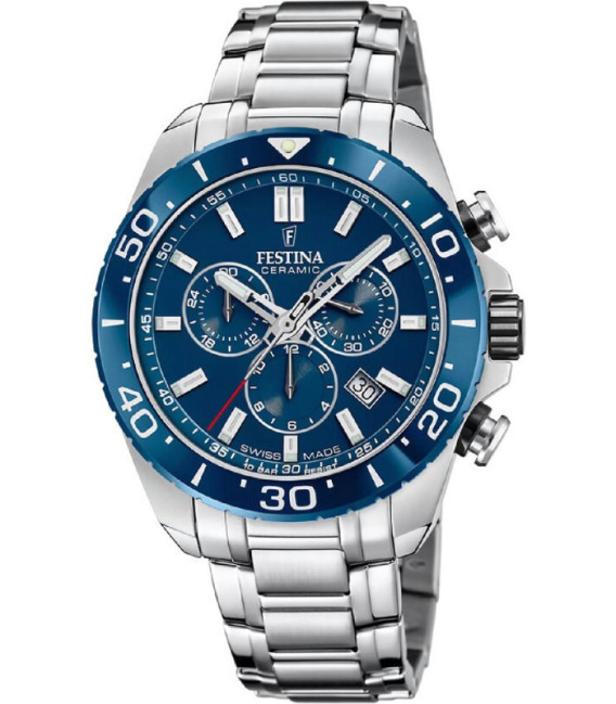 Reloj Hombre Cronómetro Acero Esfera y Bisel Cerámica Azul FESTINA SWISS MADE - F20042/2