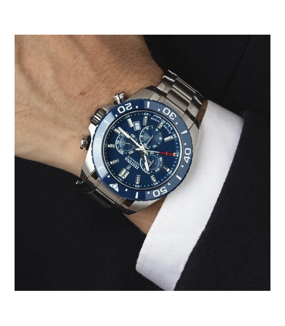 Reloj Hombre Cronómetro Acero Esfera y Bisel Cerámica Azul FESTINA SWISS MADE - F20042/2