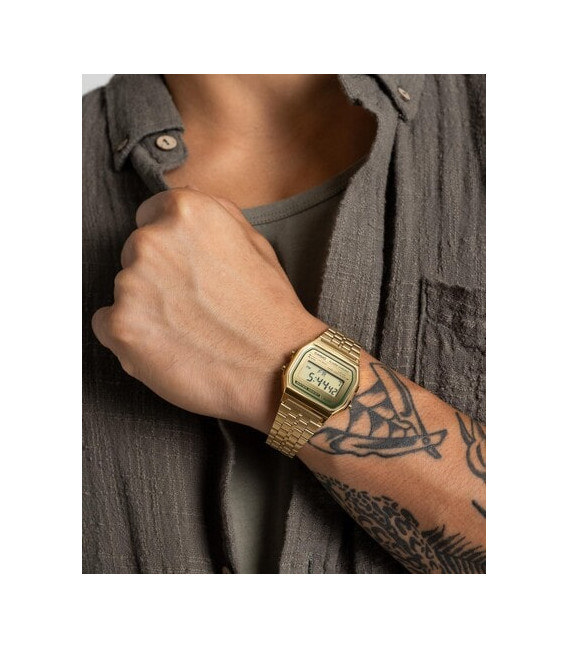 Reloj Unisex Retro Vintage Dorado Ribete Verde Brillo CASIO - A158WEGV-9AEF