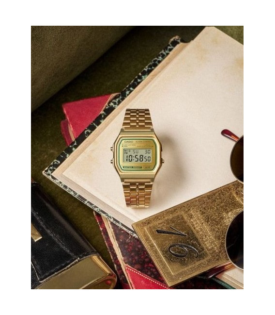 Reloj Unisex Retro Vintage Dorado Ribete Verde Brillo CASIO - A158WEGV-9AEF