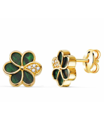 Pendientes Flor 6 Pétalos Malaquita y Circonitas Oro 18k - 22997