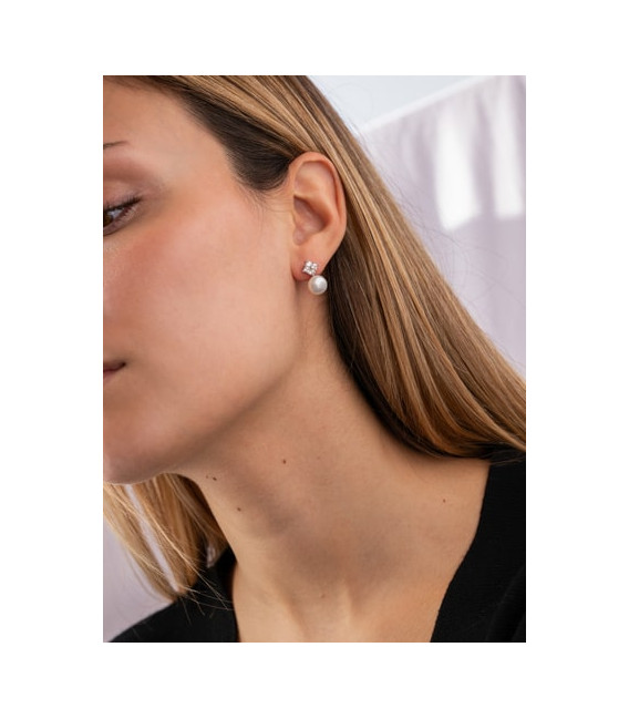 Pendientes Perla Estilo Tu y Yo con Circonitas - 19895-A