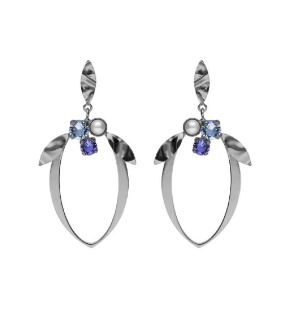 Pendientes largos hoja Alpina con cristales azules y perlas en Plata baño Rodio - A5471-12HT