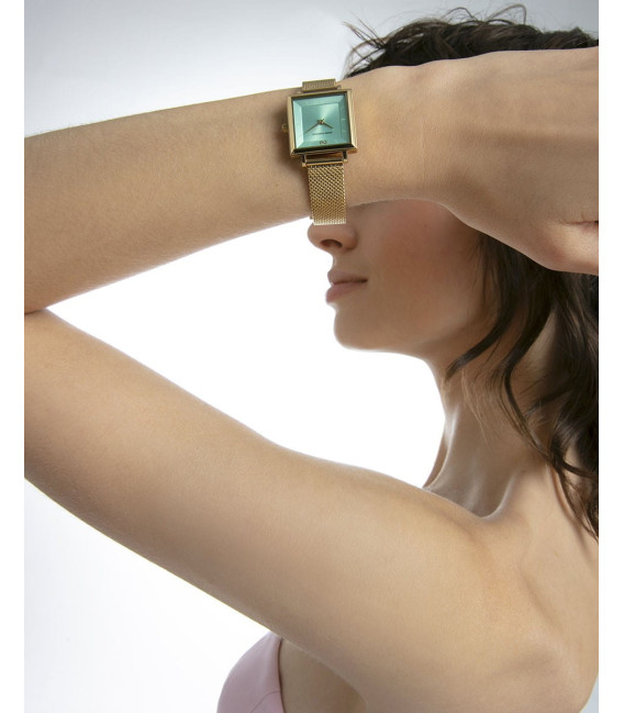 Reloj Mujer Dorado Cuadrado Esfera Verde Claro Milanesa Dorada MARK MADDOX - MM1027-67