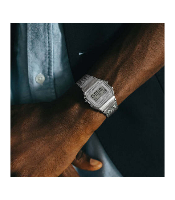 Reloj Vintage Plateado Brillo Malla Milanesa CASIO - A158WEM-7EF