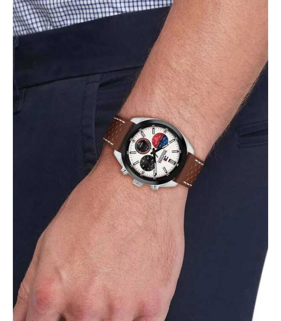 Reloj Cronómetro Hombre Esfera Blanca Correa Marrón Hudson Tommy Hilfiger - 1710765
