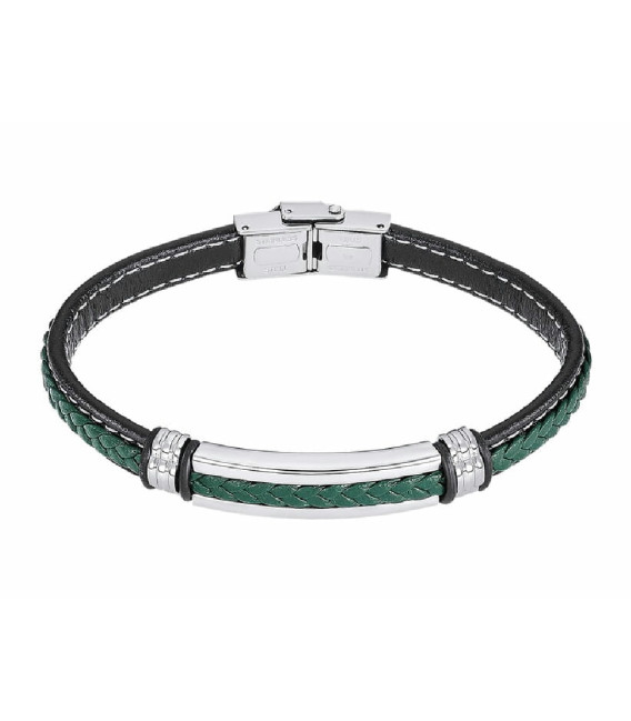 Pulsera Caballero Acero Cuero Negro y Verde Silent Impact LOTUS STYLE - LS2638-2/4