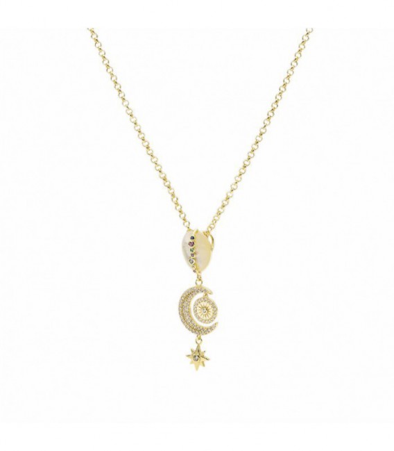 COLLAR PLATA CHAPADO PERLA, LUNA Y ESTRELLA CON CIRCONITAS - 18216-PE