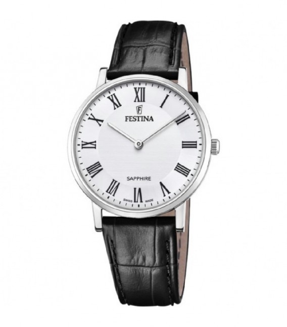 Rreloj Hombre Clasico Esfera Blanca Correa Piel Negra FESTINA SWISS MADE - F20012/2
