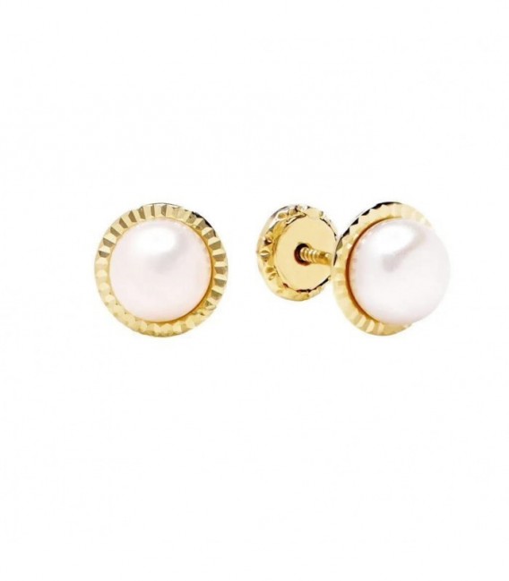 Pendientes Bebé Bisel Grabado con Perla en Oro Amarillo - 7019-6