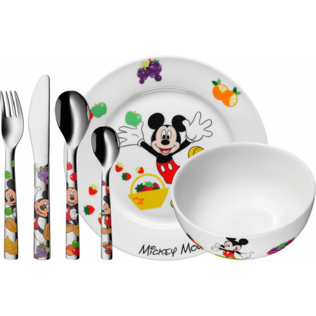 Tenedor Vaso Cuenco y Bolsa con Cuerdas Contiene Plato Apto para Microondas Mickey Mouse - 6pcs Vajilla Infantil de 6 Piezas de Mickey Mouse para Niños y Niñas Cuchara 