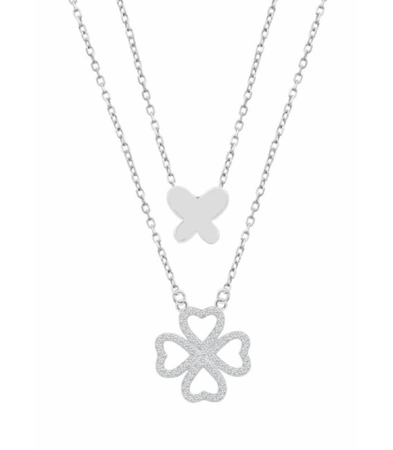 Collar Doble Mariposa y Trébol de 4 Corazones con Circonitas Blancas LOTUS SILVER - LP3826-1/1